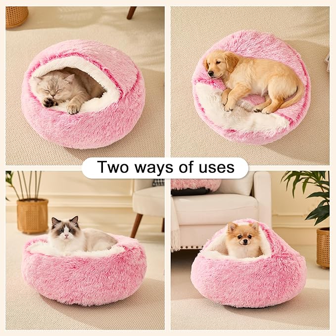 Calming Dog Beds with Hooded Cat Cave Cover - Removable, Washable Round Beds for Small to Medium Pets, Anti-Slip Faux Fur Fluffy Cover for Improved Sleep - Fits up to 15/25 lbs (Pink, M)