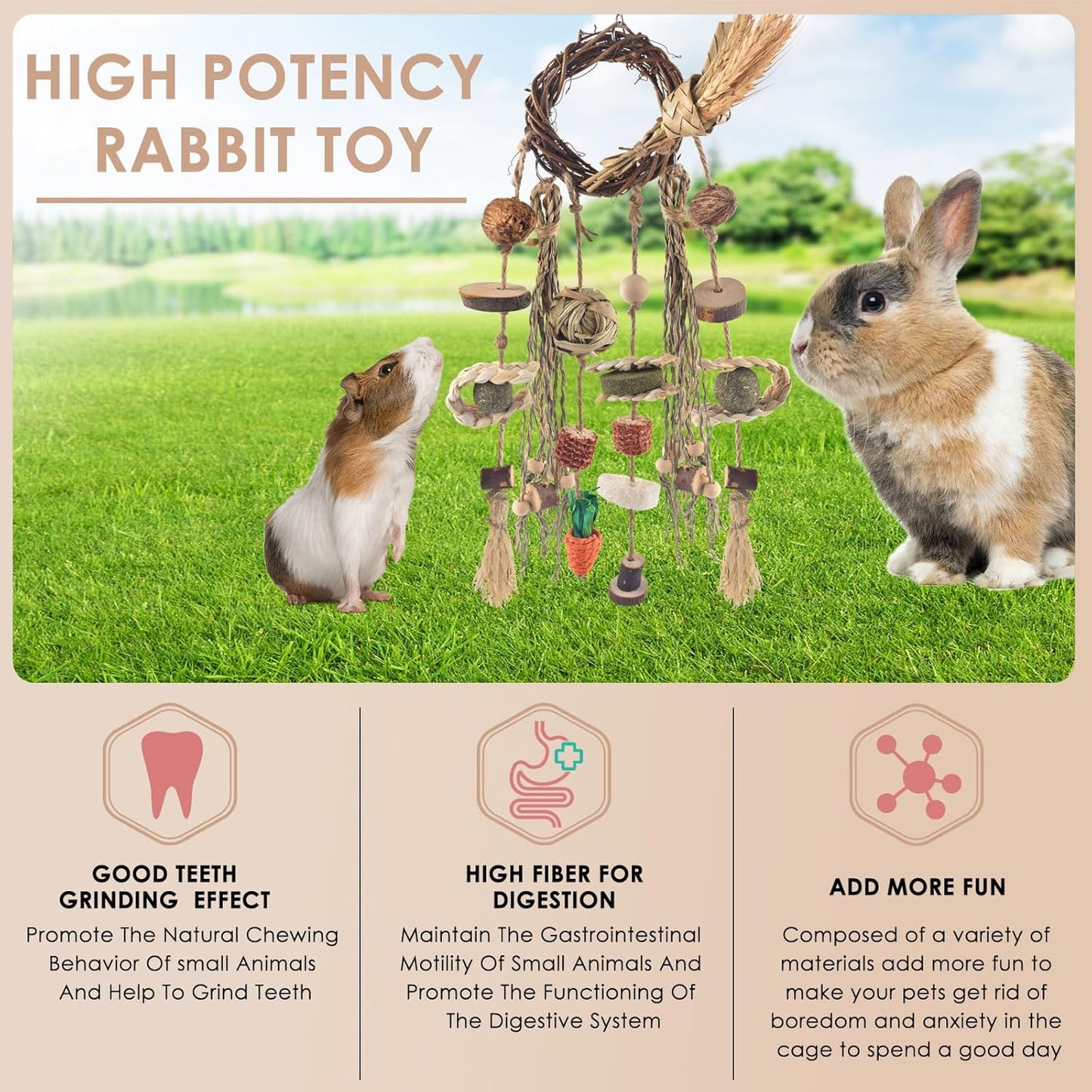 Bissap 3 PCS Rabbit Chew Toy, Bunny Cage Hanging Chew Toys Treats Rattan Ring with Snacks Water Grass Wooden Block Carrot for Guinea Pigs Chinchillas Hamsters Rats and Other Small Pets Teeth Grinding