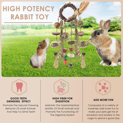 Bissap 3 PCS Rabbit Chew Toy, Bunny Cage Hanging Chew Toys Treats Rattan Ring with Snacks Water Grass Wooden Block Carrot for Guinea Pigs Chinchillas Hamsters Rats and Other Small Pets Teeth Grinding