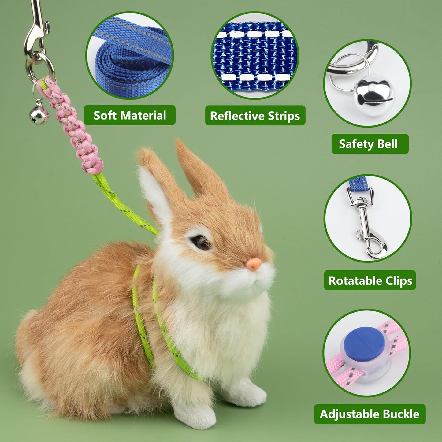 2pcs Figure 8 Harness and Leash with Reflective Strap and Bell for Ferrets, Rabbits, Bearded Dragon, Guinea Pig, Chinchilla and Hamster Small Animal Harness (Blue+Pink)