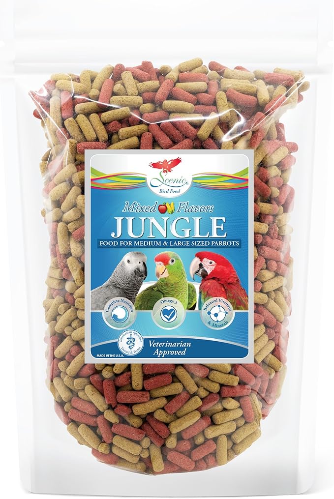 Scenic Mix Jungle Premium Parrot Food - Apple, Natural Flavors, High Protein, Low Iron Bird Pellets for Large Parrots, Macaw Food, Cockatoo & African Grey Parrots, Omega 3, Vitamins, Minerals, 1 LB