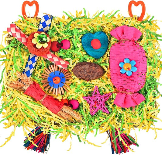 KATUMO Bird Toys - Large-Sized Grass Mat with Colorful Parrot Foraging Shredder Hanging Toys for Conure and Other Birds
