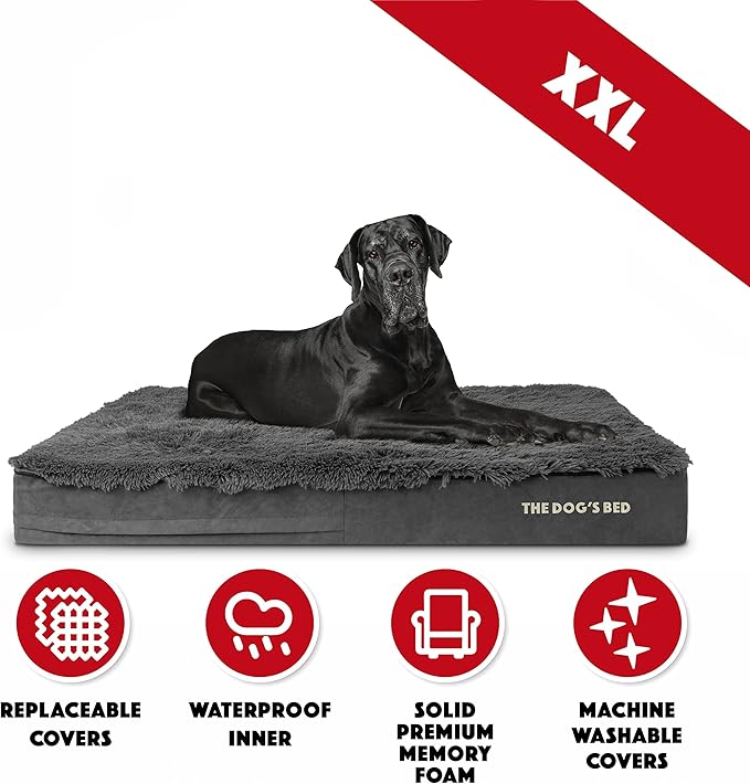 The Dog’s Bed Orthopedic Memory Foam Dog Bed, XXL Grey Fur, Pain Relief for Arthritis, Hip & Elbow Dysplasia, Post Surgery, Lameness, Supportive, Calming, Waterproof Washable Cover