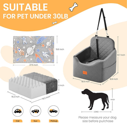 Dog Car Seat for Small Dog with Washable Mat, Memory Foam Booster Seat for Dogs Under 30lb, Elevated Pet Seat with Pockets, Anti-Slip Bed for Car, Perfect for Front & Back Seats with Safety Leash