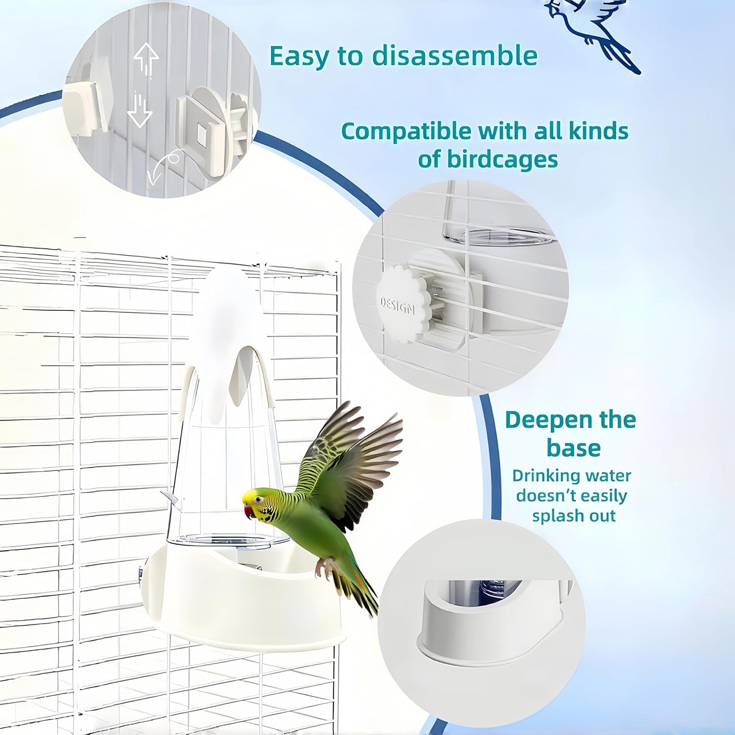 Automatic No Mess Bird Feeder and Water Dispenser Set, Acrylic Food Container and Drinker Bowl for Parrot Cage, Easy Clean Accessories for Parakeets Cockatiels Lovebirds and Other Small Pets