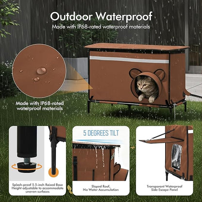 Heated Outdoor cat House for Outside, Weatherproof Insulated Feral Cat Shelter with Timer-Temp Control Heating Pad in Winter, Large Elevated Outdoor Cat House with Zipper, 2 Doors, Safety- Brown