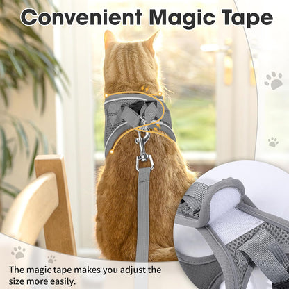 Cat Vest Harness and Leash Set for Walking Escape Proof, Adjustable Kitten Harness Breathable Mesh with Reflective Strips Harness for Kitty Puppy Bunny (Grey,XS)