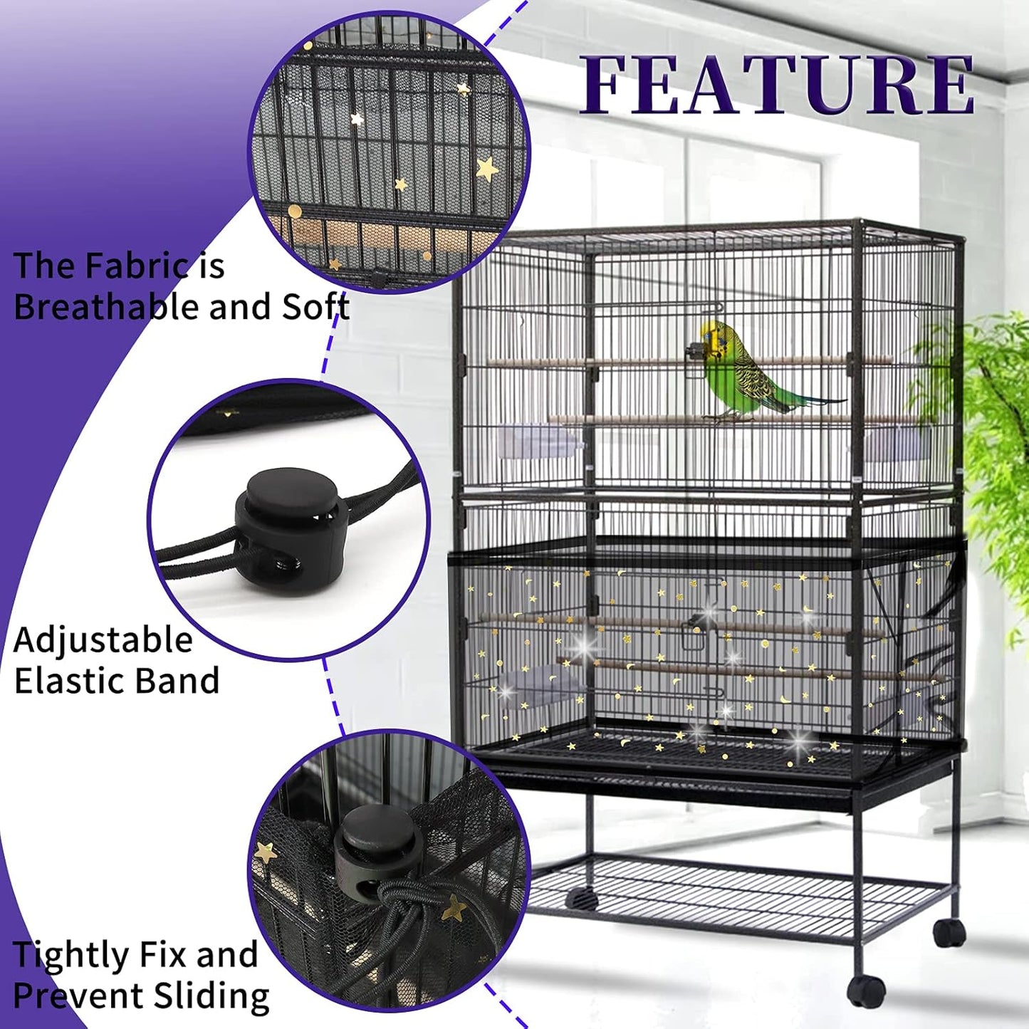 Daoeny Large Bird Cage Cover, Bird Cage Seed Catcher, Adjustable Soft Nylon Mesh Net with Twinkle Moon Star, Birdcage Cover Skirt Seed Guard for Parrot Parakeet Macaw Round Square Cages (Black)