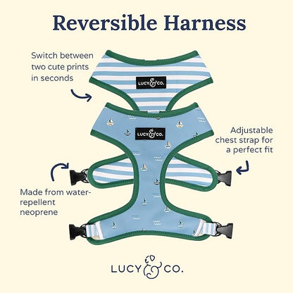 Lucy & Co. Set Sail Reversible Harness, Walking Halter - Best Designer Pet Harnesses for Large Dogs - Padded Adjustable Vest for Easy Walking, X-Large, Blue & White Stripes & Sailboats