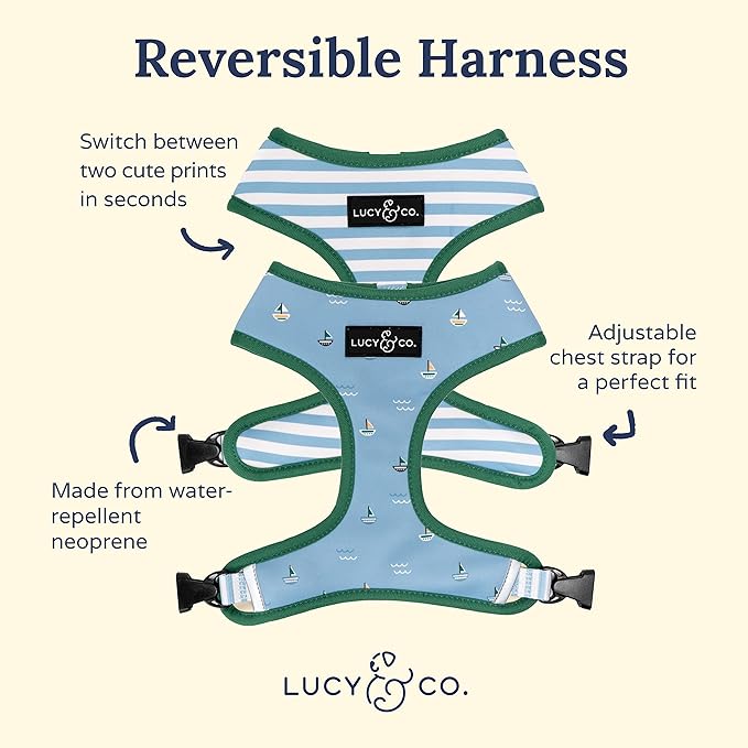 Lucy & Co. Set Sail Reversible Harness, Walking Halter - Best Designer Pet Harnesses for Large Dogs - Padded Adjustable Vest for Easy Walking, Large, Blue & White Stripes & Sailboats