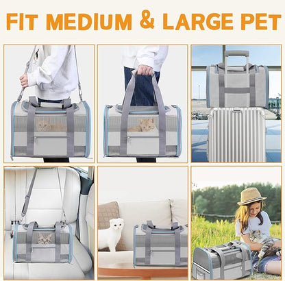 Large Cat Carrier Dog Carrier, Pet Carrier for 2 Cats Large Cats, Dog Carrier for Medium Small Dogs, Collapsible Soft Sided Pet Carrier for Cats Dogs Puppy of 25 Lbs, Light Grey