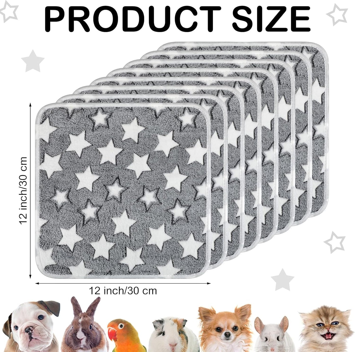 Tudomro 8 Pcs Guinea Pig Bedding Cage Liners Bulk Blankets Small Animal Flannel Throw Bedding Waterproof Absorbent Reusable Pet Pee Sleep Mat Pad Cover for Hamster Ferret(Grey Star,12 x 12 Inch)