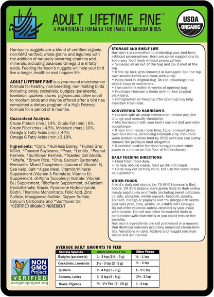 Harrison's Bird Foods Bird Food Adult Lifetime Fine Certified Organic Non-GMO Formula Bird Food 5lb