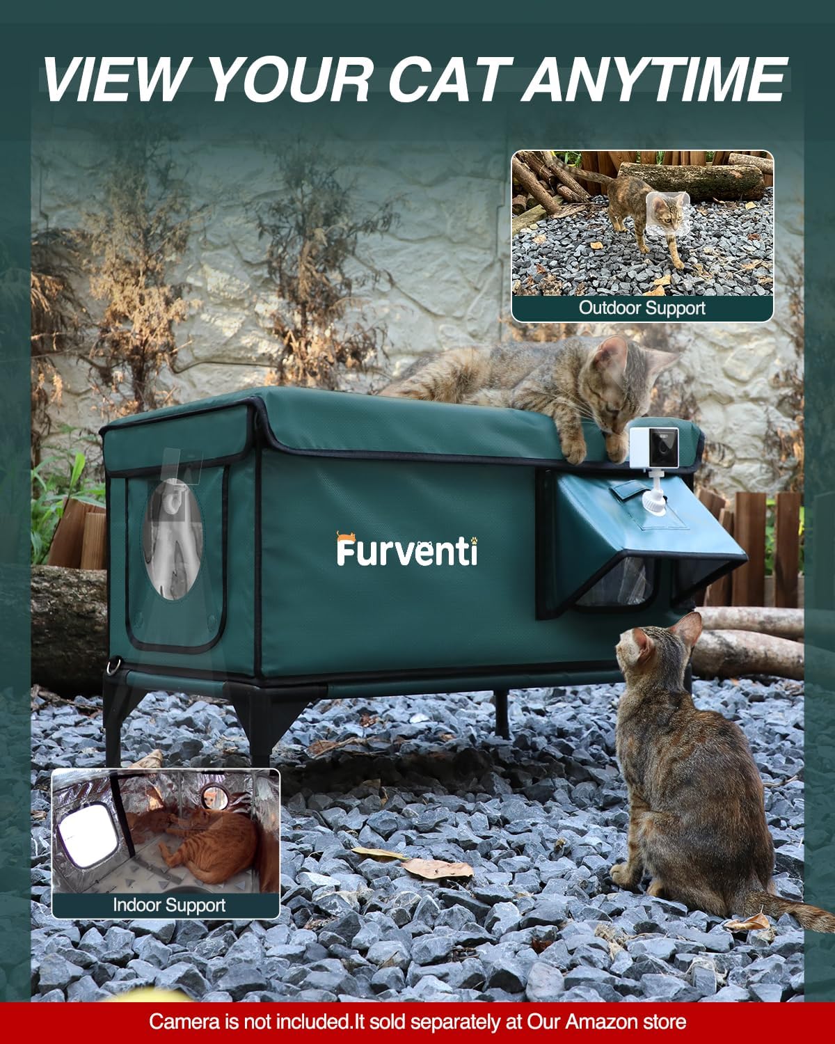 Outdoor Heated Cat House in Winter,Extremely Insulated & Weatherproof,Elevated Feral Cat Shelter with Waterproof Eaves & Escape Door for Outside Stray Barn Cat (Dark Green,S)