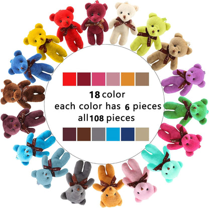 108 Pack Mini Teddy Bear Toys Bulk Small Plush Stuffed Bear Toy Keychain for Birthday Wedding Baby Shower Party Favor Valentines Christmas Gifts Goodie Bag Fillers, 18 colors