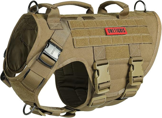 OneTigris Large Tactical Dog Harness, No Pulling Adjustable Dog Vest Harness, Heavy Duty Dog Harness with Handle, Large Hook and Loop Panels for Patch Brown