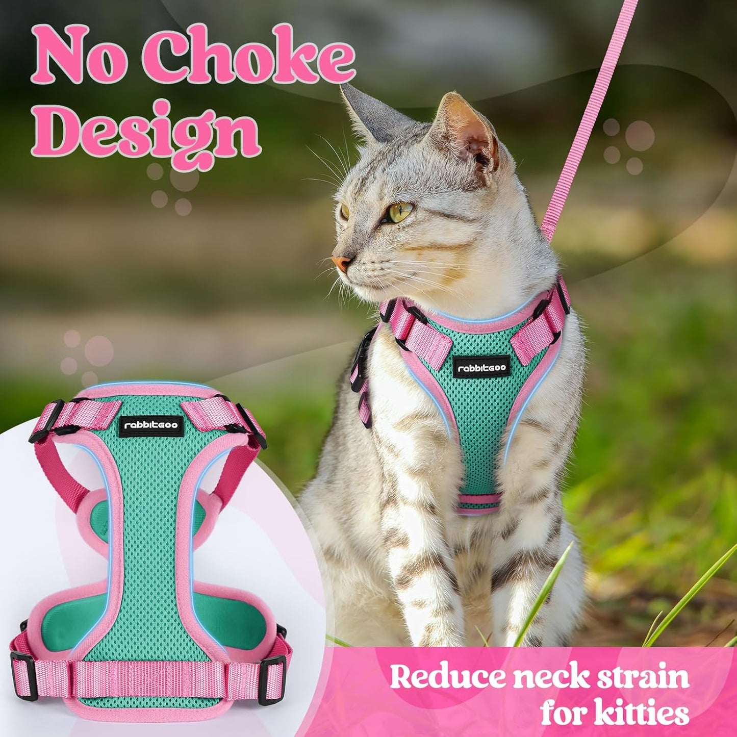 rabbitgoo Cat Harness and Leash Set, Escape Proof Soft Adjustable Vest Harnesses for Outdoor Walking, Easy Control Breathable Kitten Jacket with Reflective Strips, Green & Pink, XS