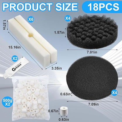 18 Pcs Replacement Filter Media Kit Compatible with Fluval Fx4/fx5/fx6 Aquarium Filters Including Biological-Foam Pads, Biological-Foam Block, Media, Carbon Foam Pad, Silicone Lube