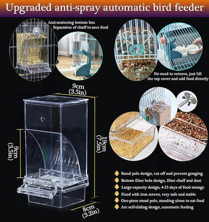 Kenond No Mess Bird Feeder Water Dispenser Set, Automatic Parrot Feeder Cage Accessories, Clear Parakeet Seed Container Food Drinker for Cage, Cockatiel Finch Lovebirds Budgies Canary (Blue)