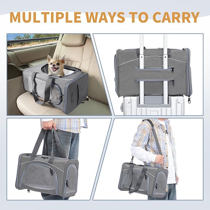 ‌Petsfit Airline Approved Pet Carrier for Small Dogs & Cats, 18x8x11 TSA Approved Carrier, with Removable Dual-Sided Padding (2-Way Placement) - Fits Under Most Airplane Seats, Escape Proof (Grey)