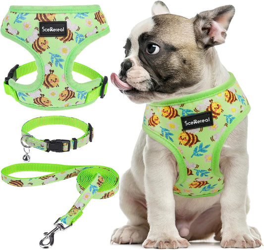 SCENEREAL Small Dog Harness and Leash Collar Set - No Pull Dog Harness for Small & Medium Sized Dogs - Soft Mesh Vest for Puppies, Chihuahua, Yorkie, Spring Summer Hiking Walking, Green Bee M