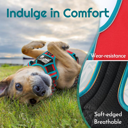 Eagloo Dog Harness Small Sized, Easy Wearing with 3 Buckles, Adjustable No Pull Pet Harness with 2 Rings for Walking, No Chock Reflective Soft Padded Vest with Control Handle, Red & Teal, S