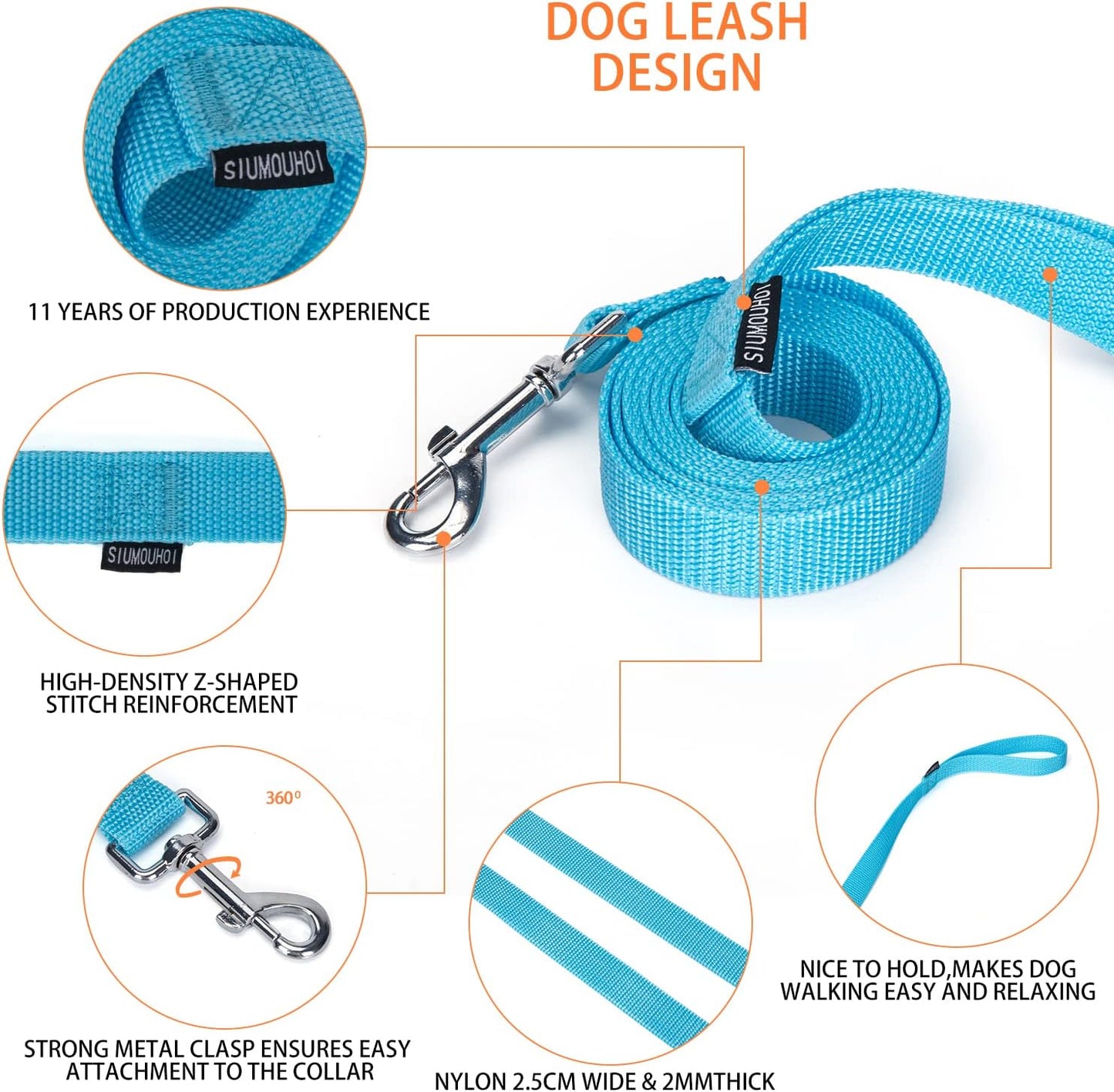 Strong Durable Nylon Dog Training Leash, 1 Inch Wide Traction Rope, 6 ft Long, for Small and Medium Dog (Mint Blue, 6 Feet)