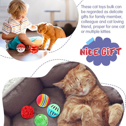 Hungdao 100 Pcs Cat Toys Bulk Plastic Small Crinkle Ball Assorted Cat Balls with Bell for Kitten Chase Pounce Rattle Play Toys, Assorted Color
