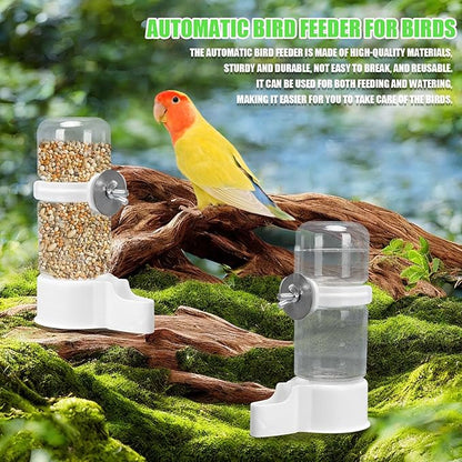 Automatic Bird Feeder and Water Dispenser, 2PCS Cage Accessories for Parrots, Budgie, Lovebirds, Parakeet, Cockatiel - Food Seed and Bottle Drinker (White 140ml)