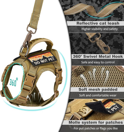 Tactical Cat Harness and Leash for Walking Esacpe Proof,Adjustable Soft Mesh Large Cat Vest with Rubber Handle Easy to Control,Molle Patches