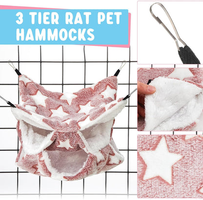 Abbylike 9 Pieces Rat Hammock 3 Tier Guinea Pig Ferret Hammocks Small Pet Hanging Tunnel Glider Toy Guinea Pig Ferret Hideout Bed Cage Accessories for Hamster(Navy,Grey,Pink,Star)