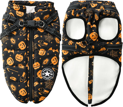 Aiboria Winter Dog Coat Windproof Fleece Jacket with Chest Strap Dog Vest Harness Halloween Black XL
