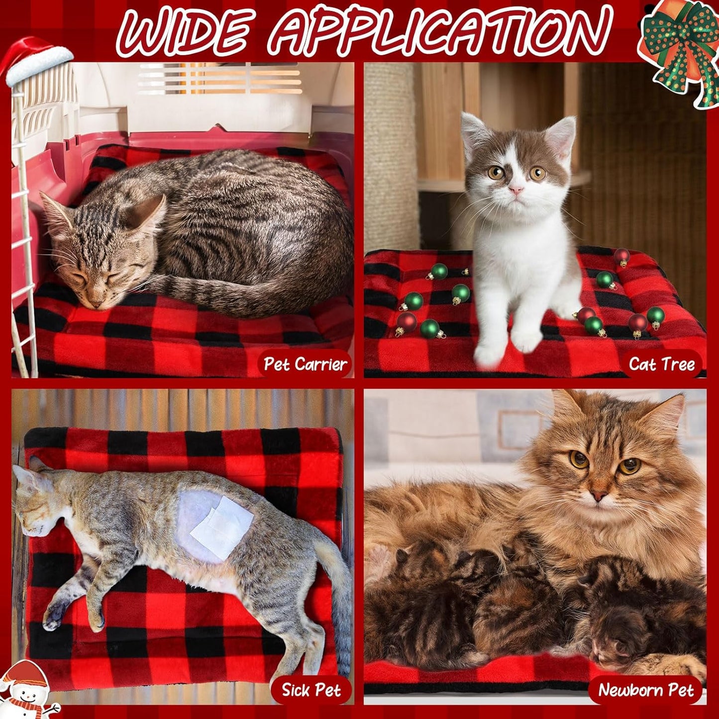 VitalCozy 2 Pack Self Warming Cat Mat Self Heating Pad Bed Reversible Machine Washable Reflects Body Heat Warm Thermal Pet Pad Crate Blanket for Feral and Indoor Cat (Black, Red,22'' X 18'',Plaid)