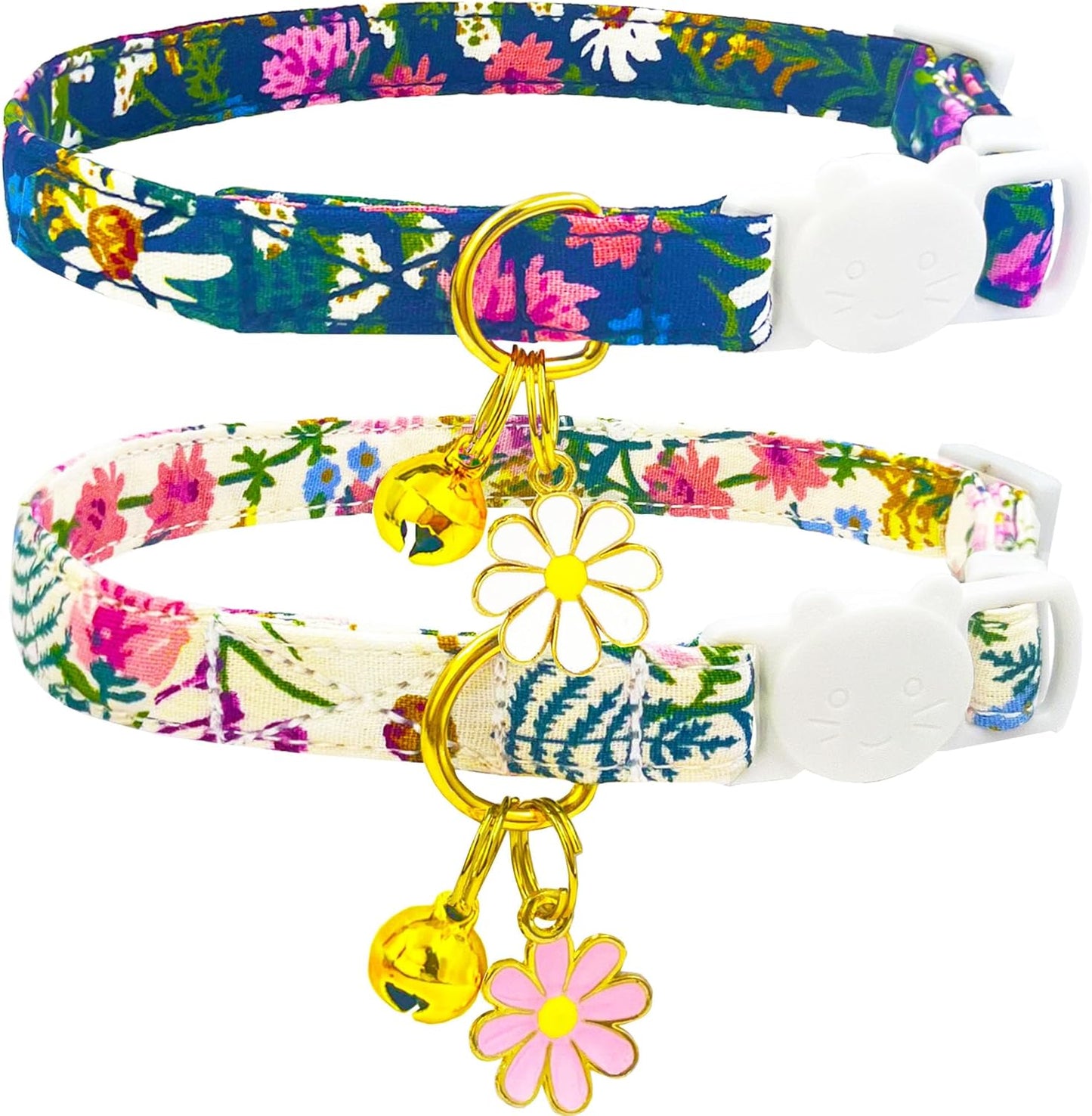 2 Pack Cotton Breakaway Cat Collars Set with Bell and Flower Pendant, Cute Floral Fruit Patterned, Adjustable 7.5-11Inch, Include A Mouse Toy Gift