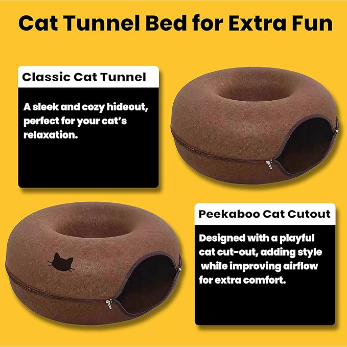 Laluz 2021 Large Cat Tunnel Bed for Indoor Cats Up to 30 Lbs Peekaboo Donut Cave with Catnip and Plush Toys Scratch Resistant Felt Design Detachable and Washable Cat Tunnel (Chocolate)