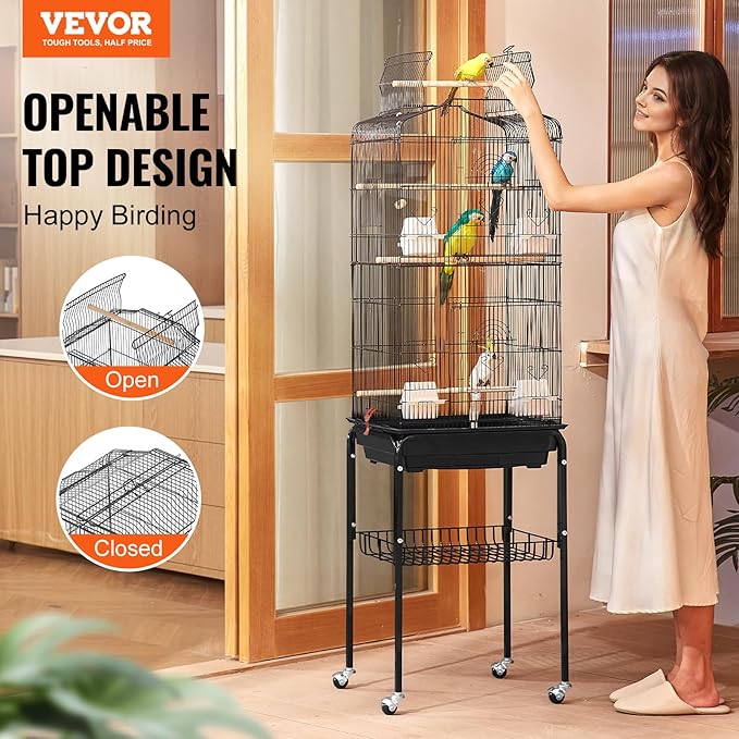 VEVOR 64-inch Open Top Large Parrot Bird Cage with Detachable Rolling Stand for Parakeets Finches Canaries Lovebirds Cockatiels Budgies Small Quaker Conures Flight Birdcage with Swing and Perch