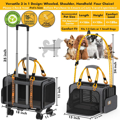 PAWZIDEA Expandable Pet Carrier with Wheels, 18"X11"X11" TSA-Approved Cat Carrier for 2 Cats Under Seat, Soft-Sided Top Load Dog Carrier for Small Dogs Rolling Travel Bag w/Telescopic Handle, ID Card