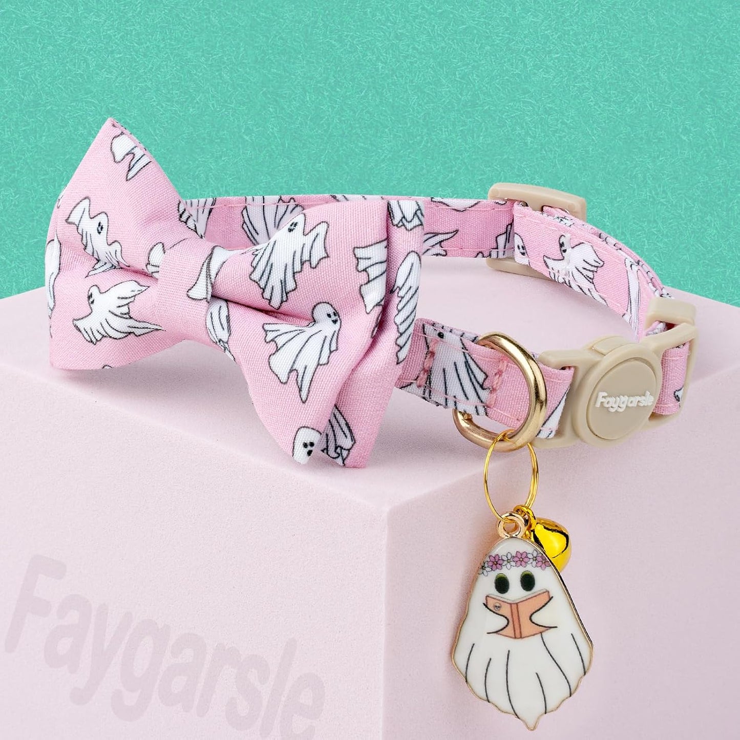 Faygarsle 2 Pack Halloween Ghost Pattern Cat Collar with Bow Tie and Bell, Breakaway Safety Buckle, Pink and Purple