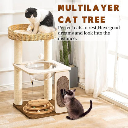 Modern Cat Tree for Indoor Cats with Sisal Rope Scratching Posts, Hand-Woven Cat Condo & Top Perch, Space Capsule Cats Nest, Cute Cat Tree with Interactive Cat Toy