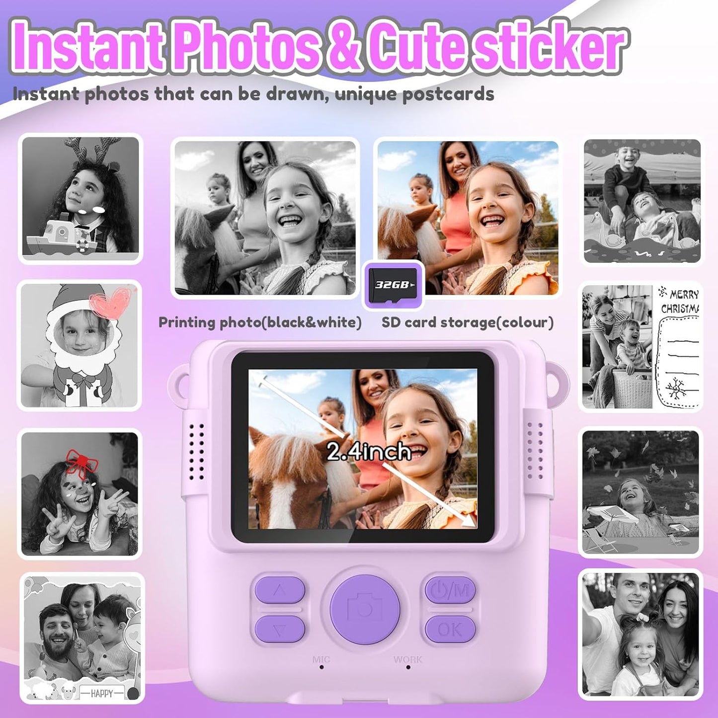 Instant Print Camera for Kids, Christmas Birthday Gifts for Girls Boys Age 3-12,Digital Kids Cameras for Toddler, Portable Toy for 3 4 5 6 7 8 9 10 Year Old Girl with 32GB SD Card-Purple
