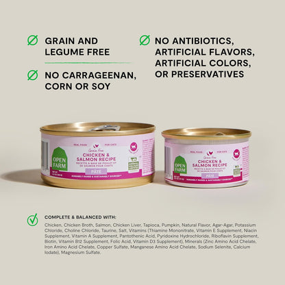 Open Farm Canned Cat Food, Pate for Complete & Balanced Nutrition, Grain Free and Legume-Free Wet Cat Food, Chicken & Salmon Recipe, 5.3oz Cans (Case of 12)