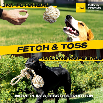 Fida Heavy Duty Dog Rope Toys for Aggressive Chewers 4pcs Pack – Natural Cotton Dog Chew Toys for Large Dogs, Tug-of-War & Fetch Rope Ball/Ring/Knot/Twist to Keep Them Busy
