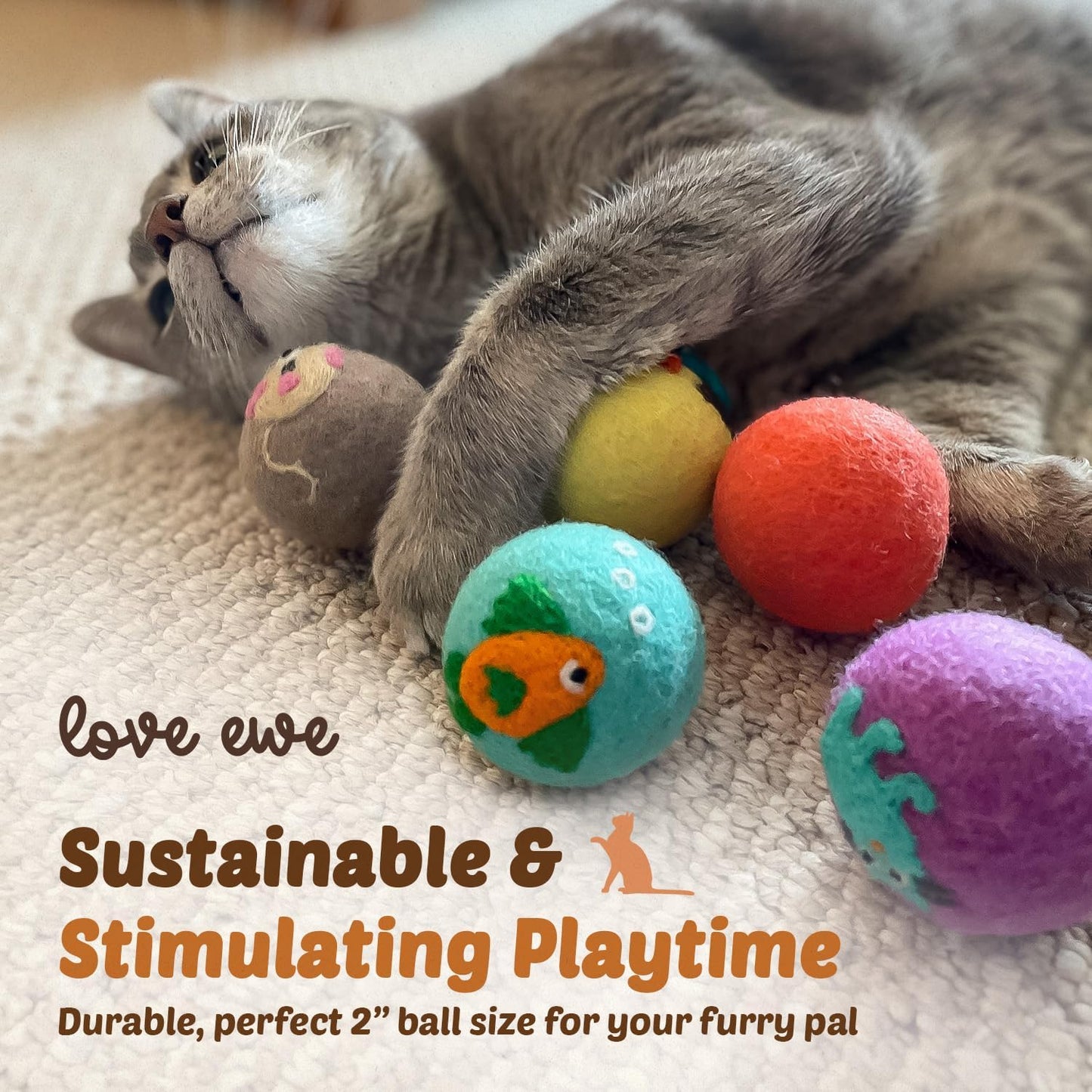 Hustle & Blush Wool Felt Balls - 3 Pack Love Ewe Pet Supplies – 2in Colorful & Durable Cat Toys Handmade from New Zealand, Ideal for Indoor Play and Mental Stimulation – Fish & Bird Design