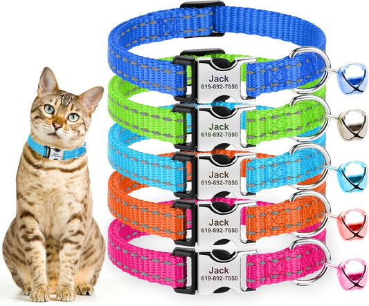 Personalized Reflective Nylon Cat Collar with Name Tag - Custom Engraved Buckle Kitten Collars for Girl Boy Cats - Adjustable from 7.5'' to 12.0'' - Includes Bell and ID Tag