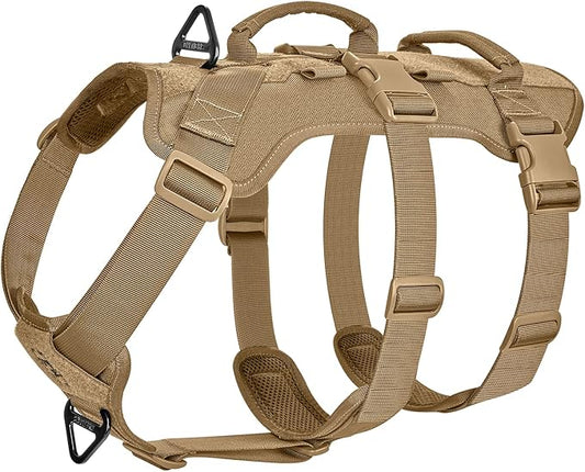 OneTigris Escape Proof Dog Harness, No Pull Dog Harness with Handles, Tactical Multi-Use Support Dogs Harnes for Large Dogs Everyday Wear Walking Hiking Training (Brown, Medium)