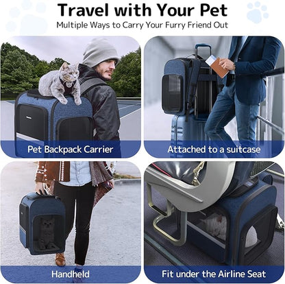 Pawtners Cat Carrier Backpacks Expandable Pet Backpack with Breathable Mesh, Pet Carrier Backpack for Cats Small Dogs Puppies Up to 18 Lbs, Dog Carrier Backpack for Travel Hiking Camping Outdoor Blue