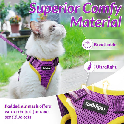 rabbitgoo Cat Harness and Leash for Walking, Escape Proof Soft Adjustable Vest Harnesses for Cats, Easy Control Breathable Reflective Strips Jacket, Purple&Yellow, M