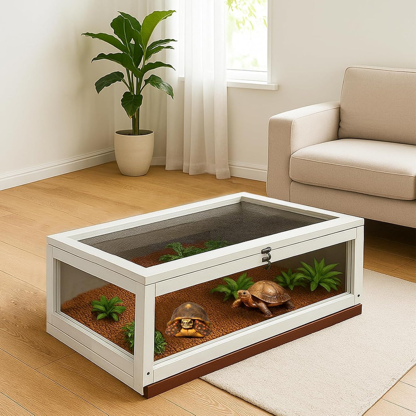 Tortoise Habitat Indoor,Outdoor Reptile Enclosure,Wooden Tortoise House Outdoor,Tortoises Enclosure Indoor (White+red)