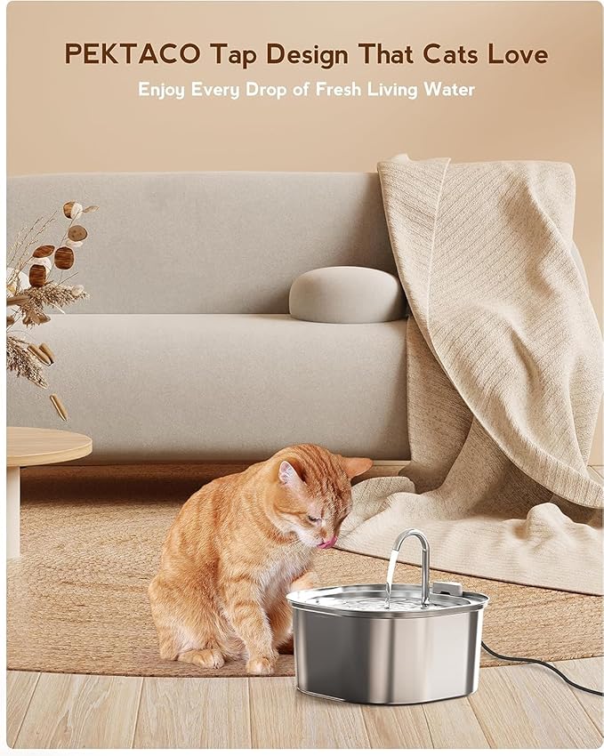 PEKTACO Cat Water Fountain, 3.2L/108oz Stainless Steel Pet Water Fountain for Cats/Dogs Indoor, Dog Drinking Dispenser Metal Kitty Spout with 6 Filters+ 6 Sponges