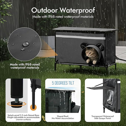 Heated Outdoor cat House for Outside, Weatherproof Insulated Feral Cat Shelter with Timer-Temp Control Heating Pad in Winter, Large Elevated Outdoor Cat House with Zipper, 2 Doors, Safety-Dark Gray